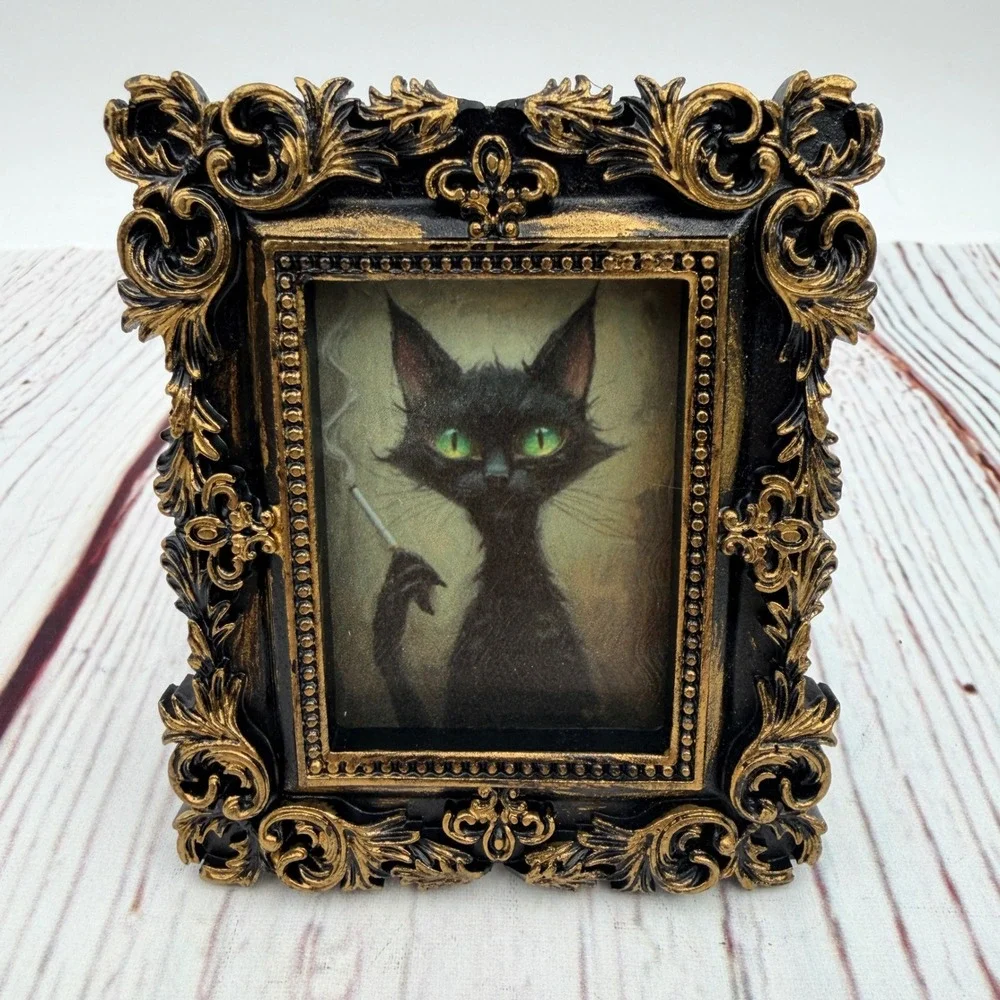 Smoking Black Cat Ornate Gold Black Resin Frame Decoupage Art Print 3.75x3.25